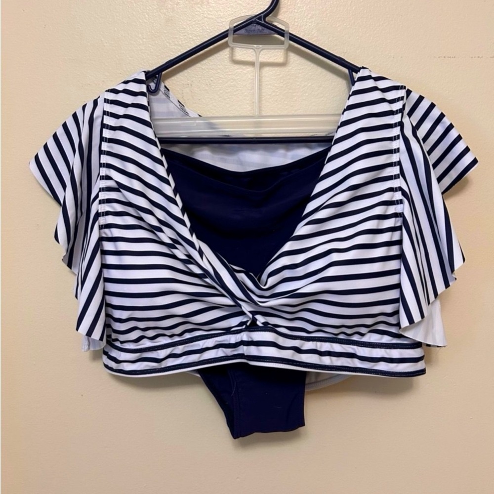 Striped Navy and White Women's Plus Bikini - Picture 2 of 9